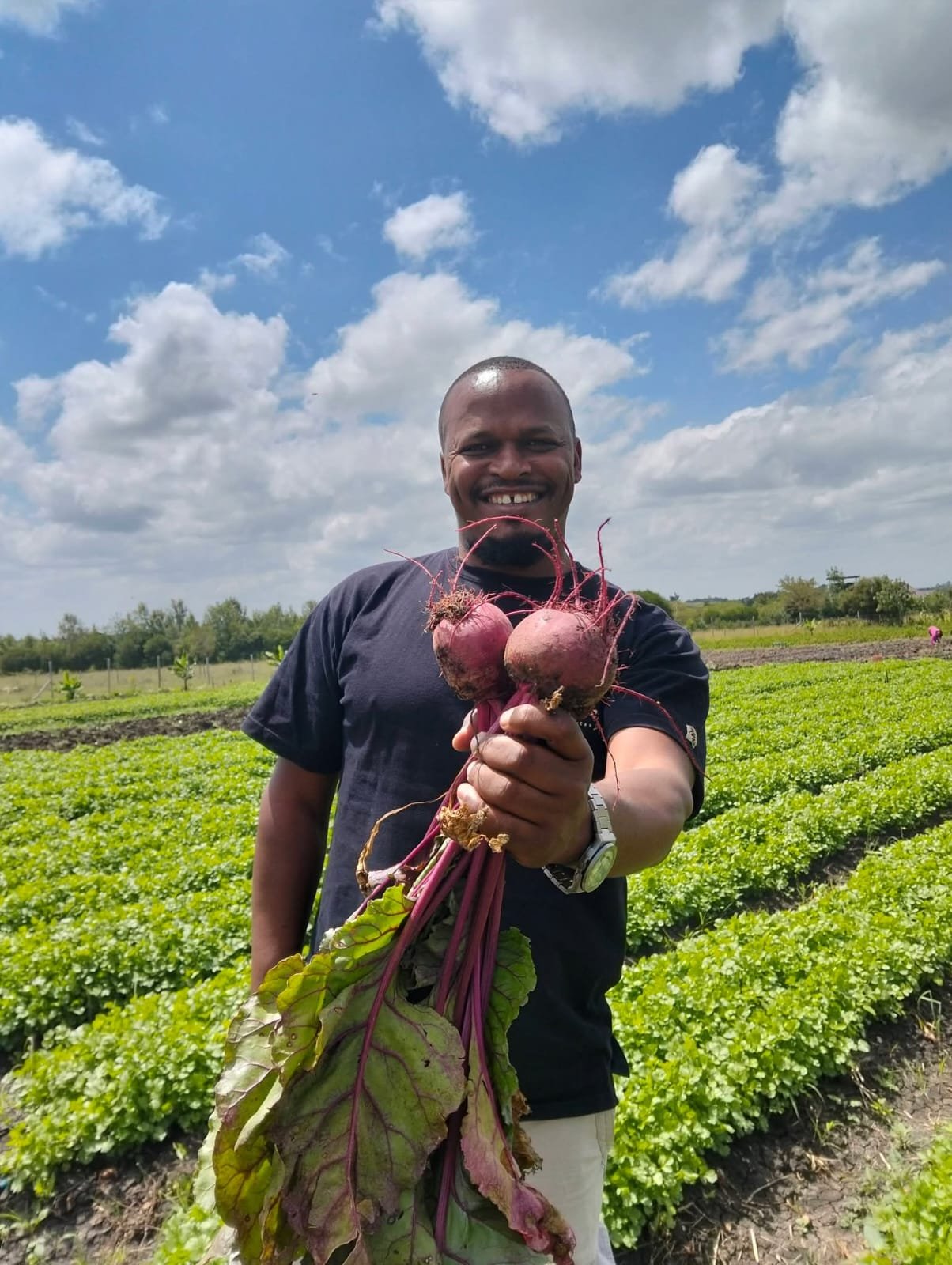 Maisha Mema farmer holding a fresh beetroot harvest